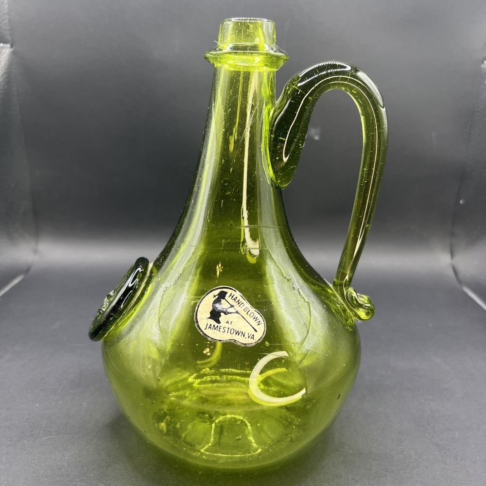 Vintage Replica Jamestown‎ Green Glass Bottle Decanter Embossed J & Stars Label